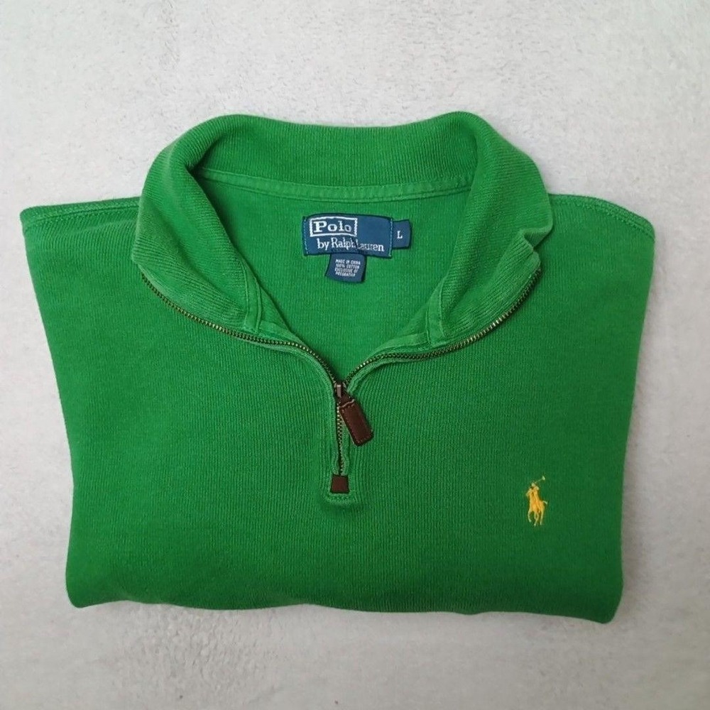 Polo Ralph Lauren Sweater Mens L Green Quarter Zip Pullover 100% Cotton Pony